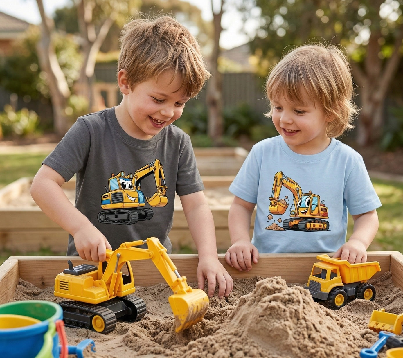 Bagger T-Shirts für Kinder aus 100% Bio-Baumwolle. Coole Baustellenmotive, nachhaltig produziert. Perfekt für kleine Bagger-Fans
