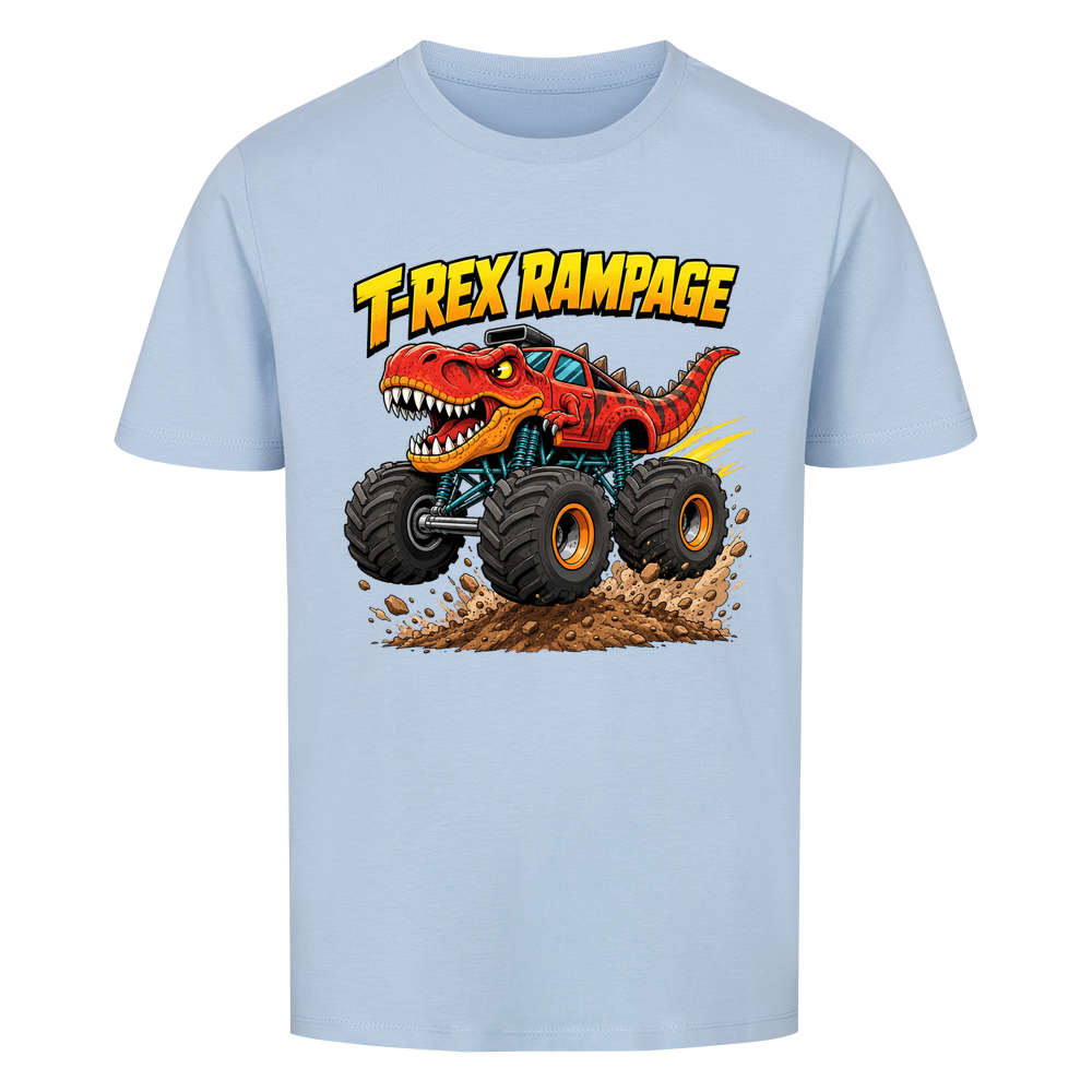 T-Rex Dino Monstertruck Kinder-T-Shirt Motiv Bio Baumwolle hell blau