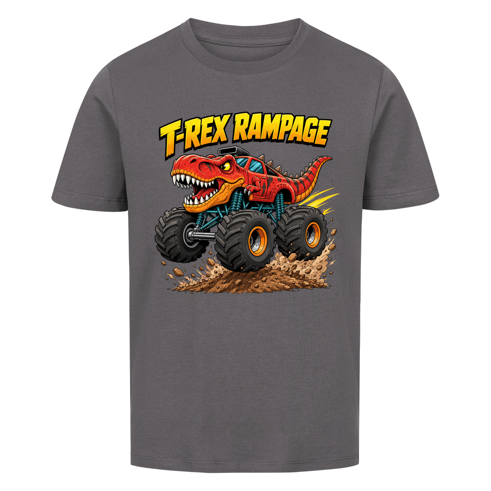 T-Rex Dino Monstertruck Kinder-T-Shirt Motiv Bio Baumwolle grau