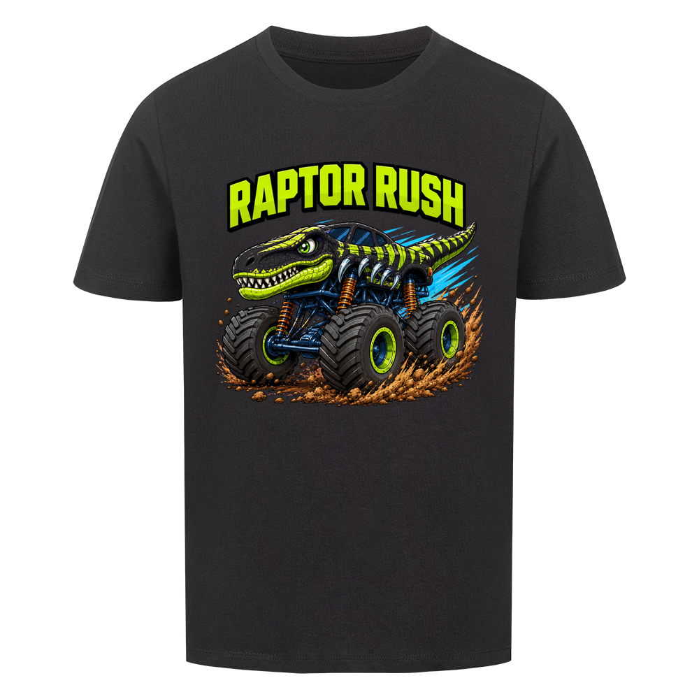 Schwarzes Dino Monstertruck Kinder T-Shirt mit Raptor-Motiv aus Bio-Baumwolle