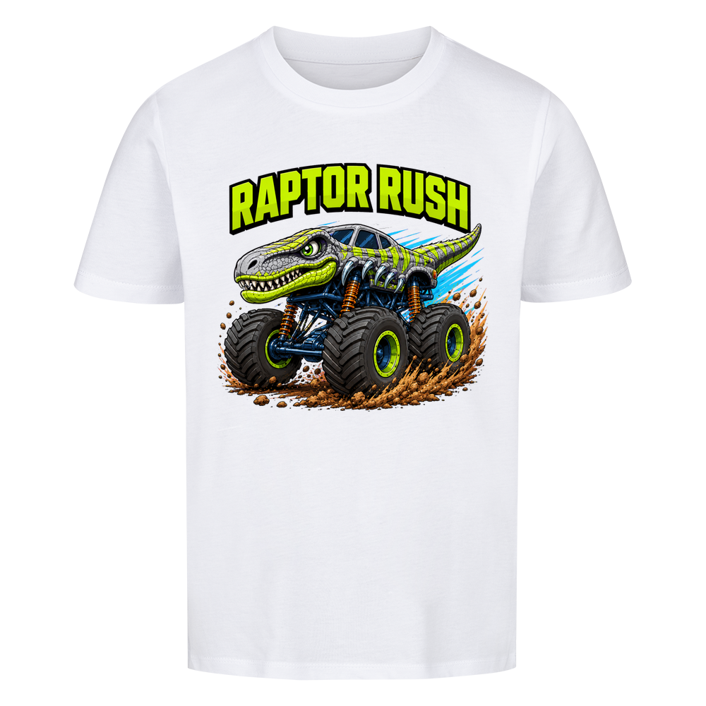 Weißes Dino Monstertruck Kinder T-Shirt mit Raptor-Motiv aus Bio-Baumwolle