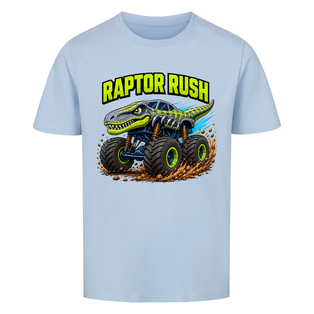 Himmelblaues Dino Monstertruck Kinder T-Shirt mit Raptor-Motiv aus Bio-Baumwolle