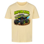 Butterfarbenes Dino Monstertruck Kinder T-Shirt mit Raptor-Motiv aus Bio-Baumwolle