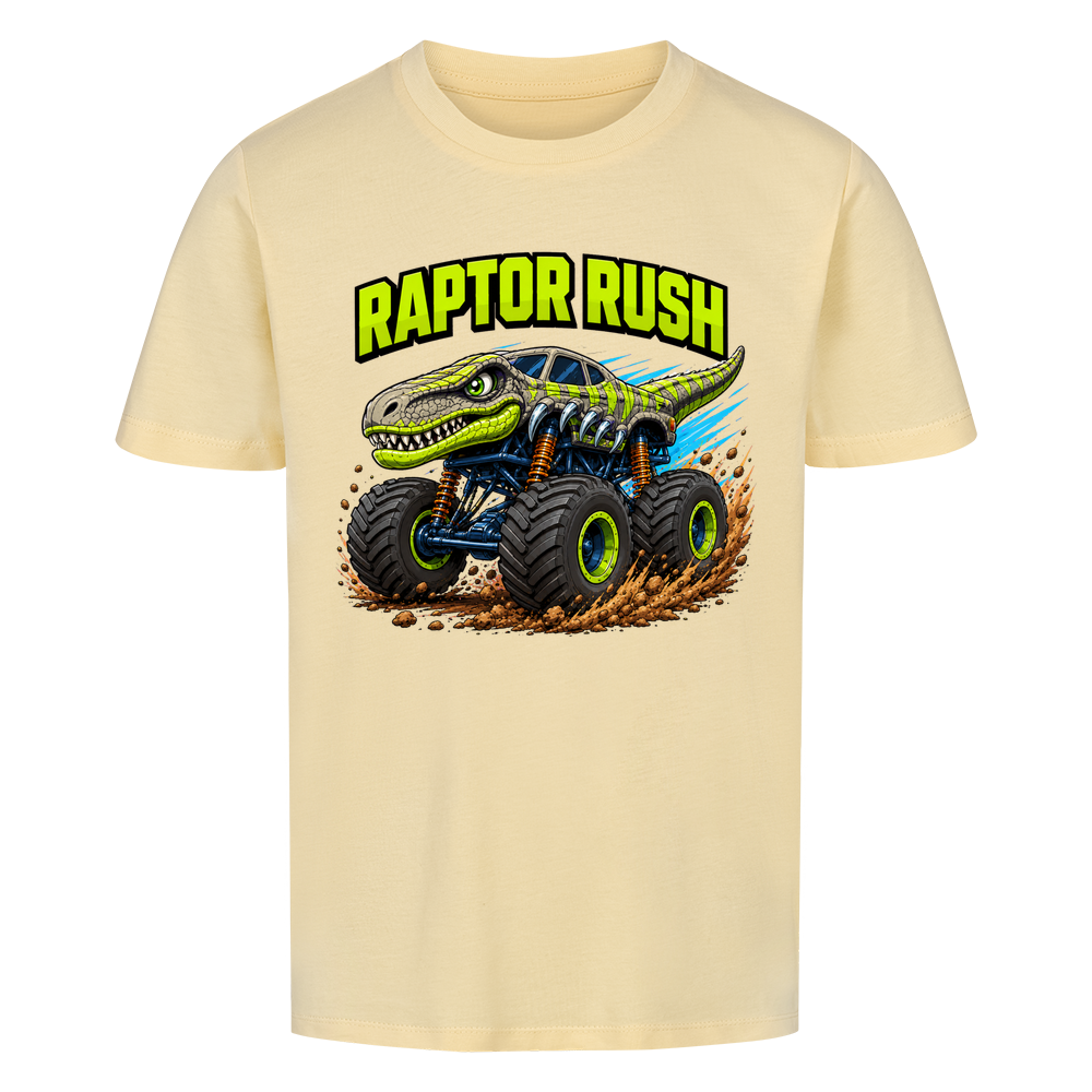 Butterfarbenes Dino Monstertruck Kinder T-Shirt mit Raptor-Motiv aus Bio-Baumwolle
