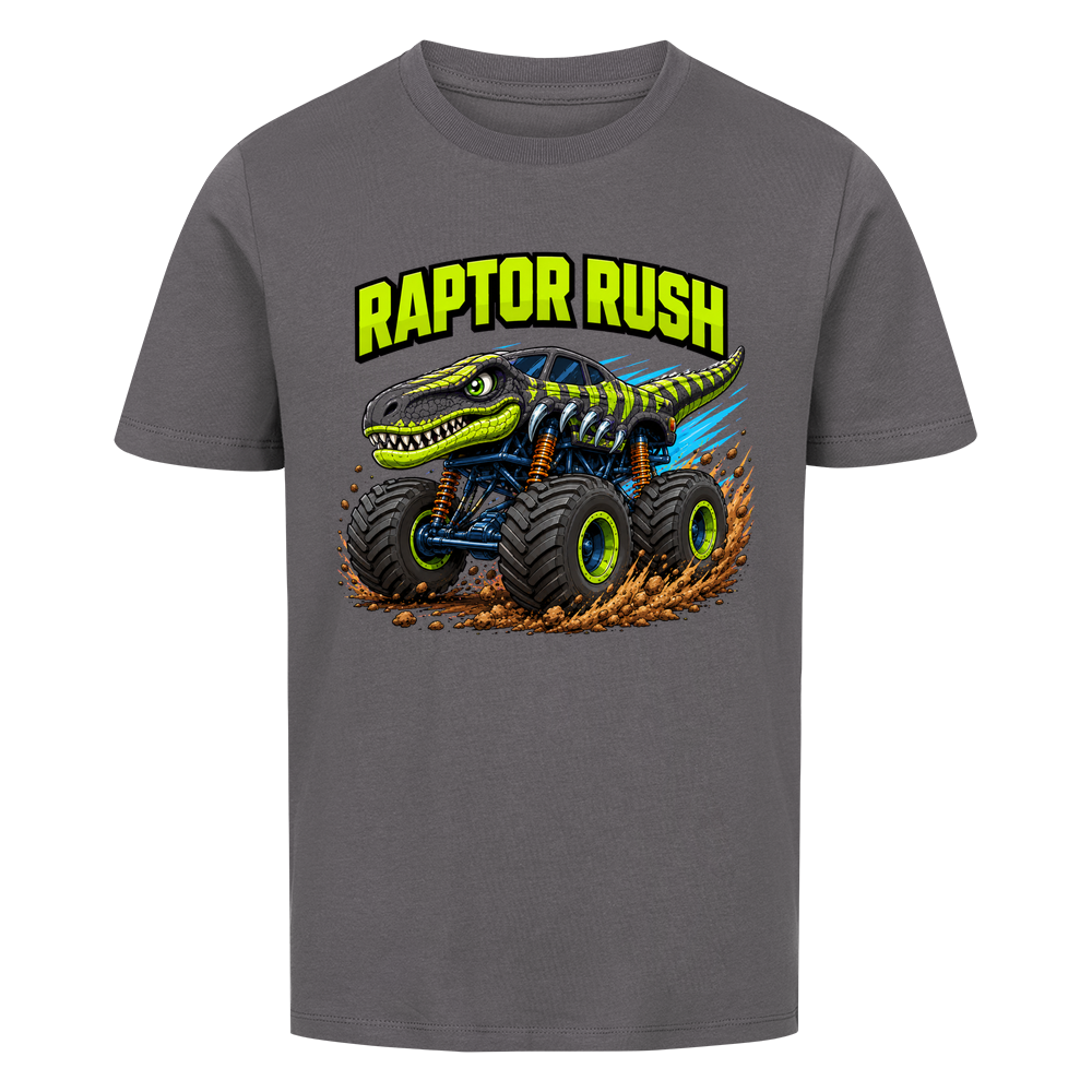 Anthrazitfarbenes Dino Monstertruck Kinder T-Shirt mit Raptor-Motiv aus Bio-Baumwolle
