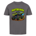 Anthrazitfarbenes Dino Monstertruck Kinder T-Shirt mit Raptor-Motiv aus Bio-Baumwolle