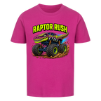 Lilafarbenes Dino Monstertruck Kinder T-Shirt mit Raptor-Motiv aus Bio-Baumwolle