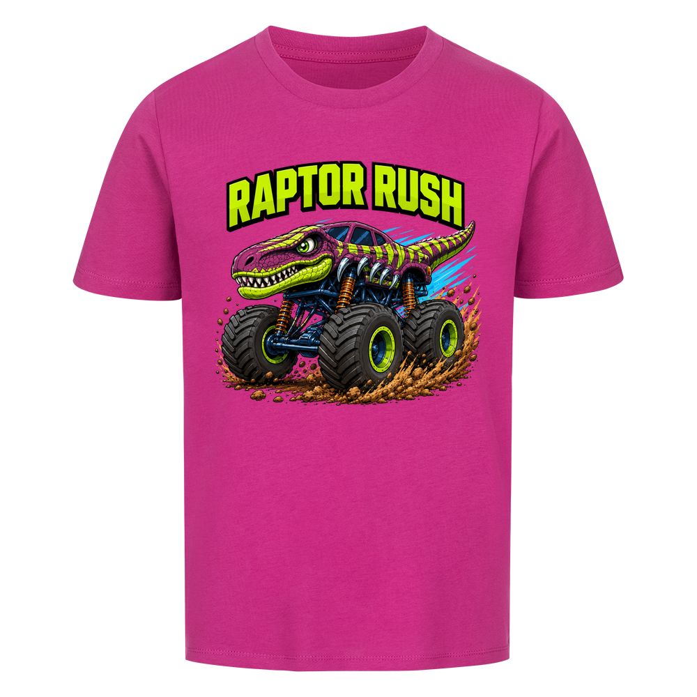 Lilafarbenes Dino Monstertruck Kinder T-Shirt mit Raptor-Motiv aus Bio-Baumwolle