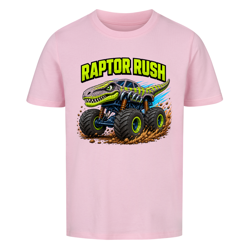 Pinkenes Dino Monstertruck Kinder T-Shirt mit Raptor-Motiv aus Bio-Baumwolle