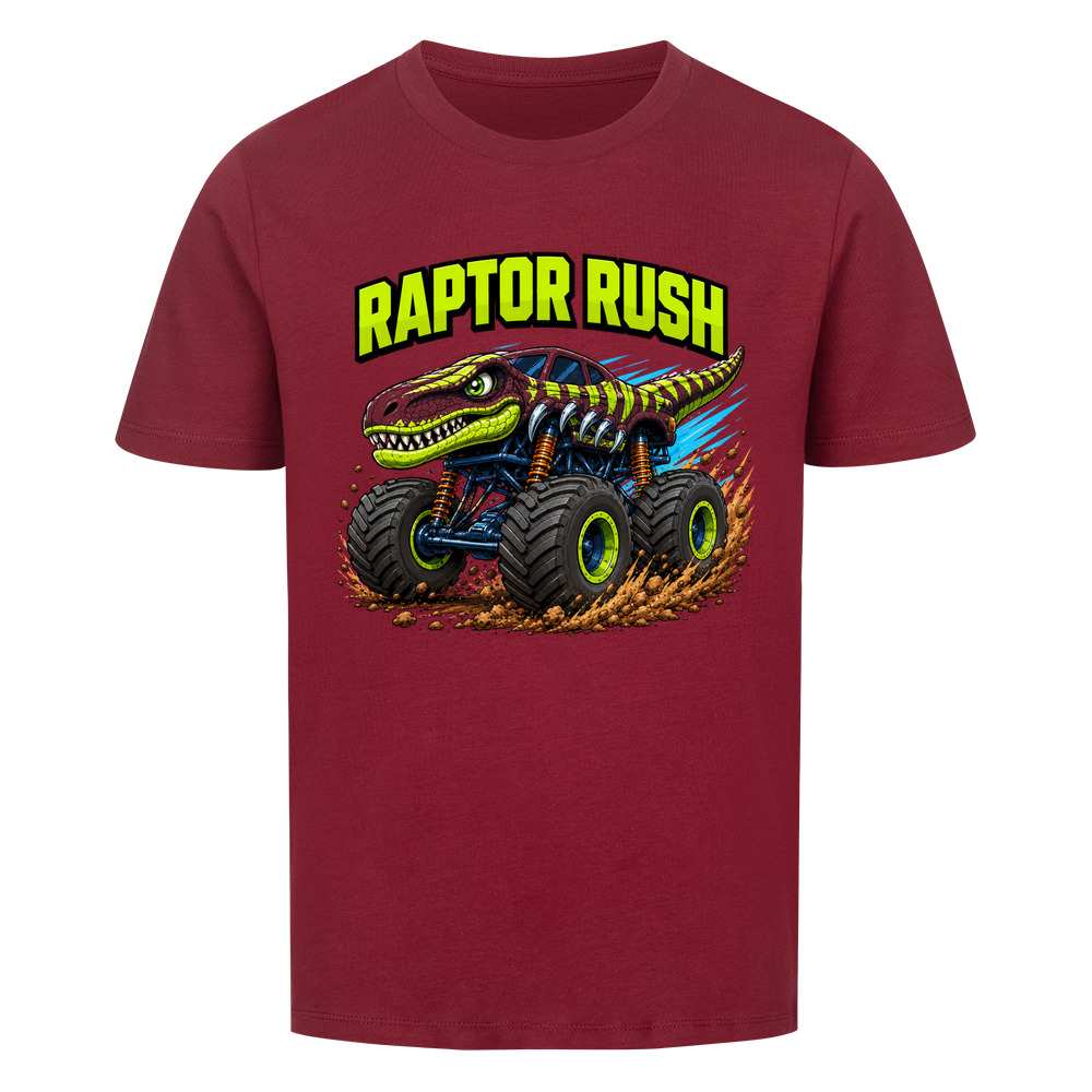 Weinrotes Dino Monstertruck Kinder T-Shirt mit Raptor-Motiv aus Bio-Baumwolle