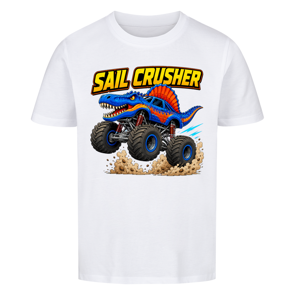 Weißes Dino Monstertruck Kinder T-Shirt mit Crusher-Motiv aus Bio-Baumwolle