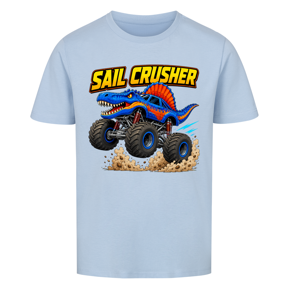Himmelblaues Dino Monstertruck Kinder T-Shirt mit Crusher-Motiv aus Bio-Baumwolle