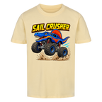 Butterfarbenes Dino Monstertruck Kinder T-Shirt mit Crusher-Motiv aus Bio-Baumwolle