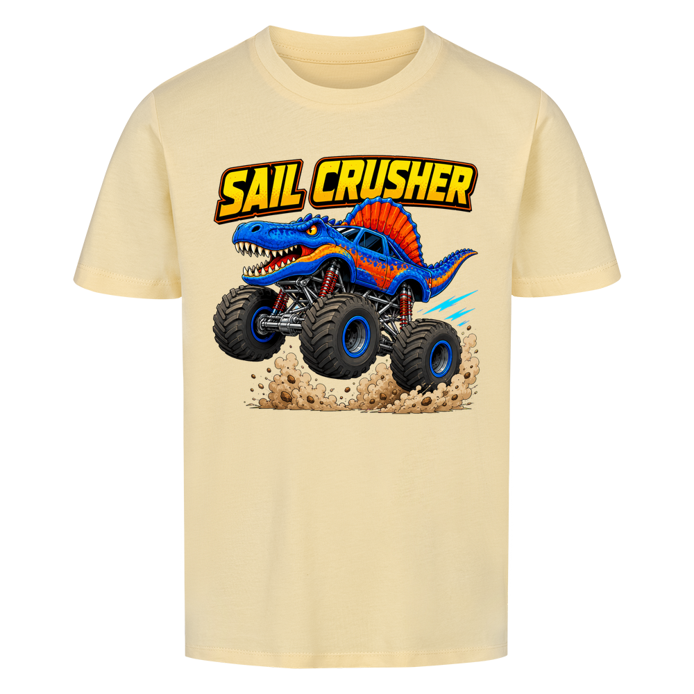 Butterfarbenes Dino Monstertruck Kinder T-Shirt mit Crusher-Motiv aus Bio-Baumwolle