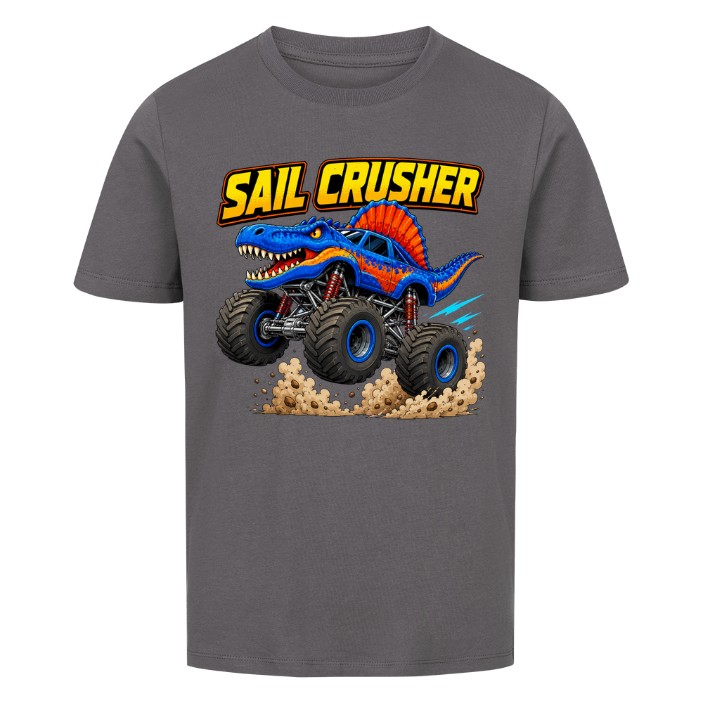 Anthrazitfarbenes Dino Monstertruck Kinder T-Shirt mit Crusher-Motiv aus Bio-Baumwolle