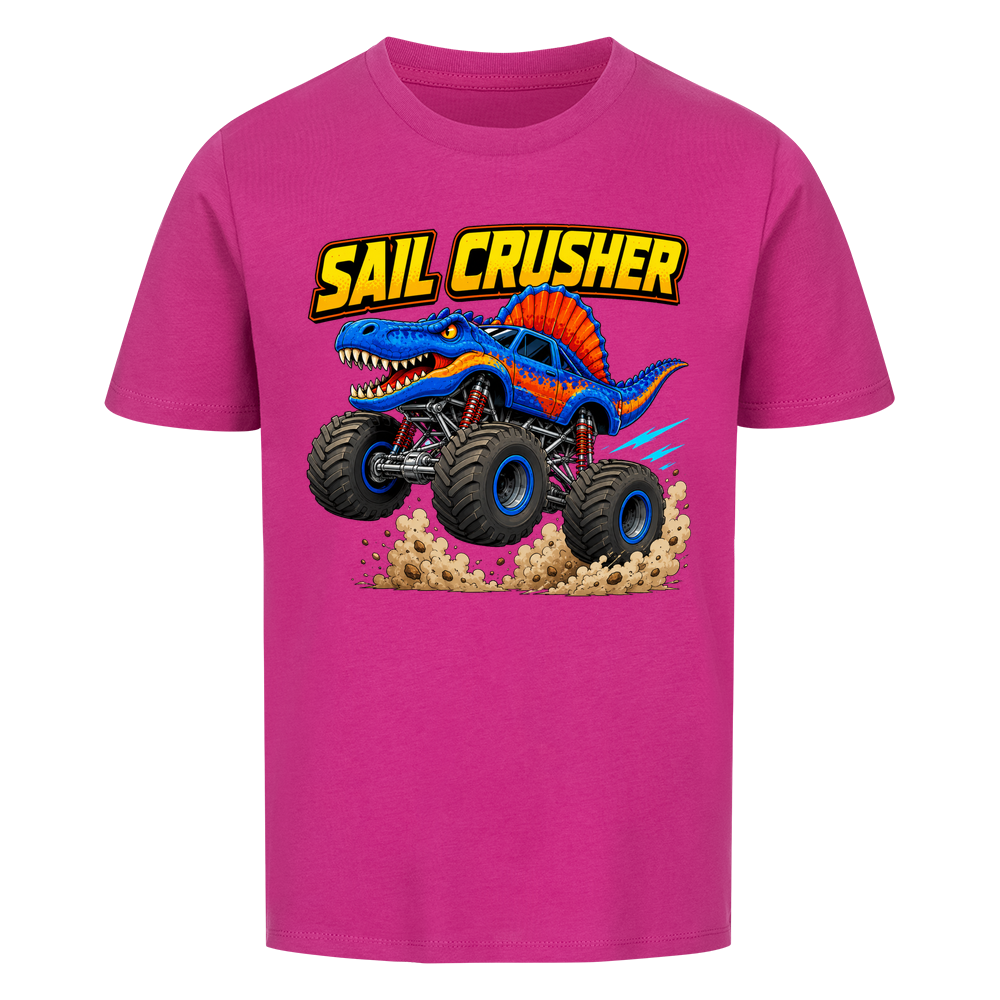 Lilafarbenes Dino Monstertruck Kinder T-Shirt mit Crusher-Motiv aus Bio-Baumwolle