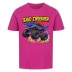 Lilafarbenes Dino Monstertruck Kinder T-Shirt mit Crusher-Motiv aus Bio-Baumwolle