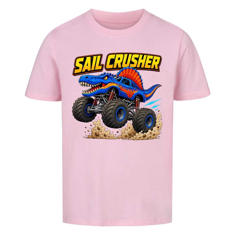 Pinkenes Dino Monstertruck Kinder T-Shirt mit Crusher-Motiv aus Bio-Baumwolle