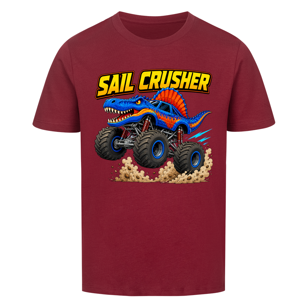 Weinrotes Dino Monstertruck Kinder T-Shirt mit Crusher-Motiv aus Bio-Baumwolle