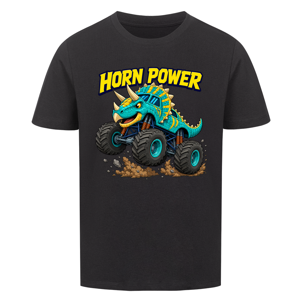 Monstertruck Dino Triceratops – schwarzes Kinder T-Shirt aus Bio-Baumwolle