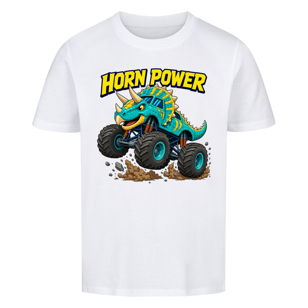 Monstertruck Dino Triceratops – weißes Kinder T-Shirt aus Bio-Baumwolle