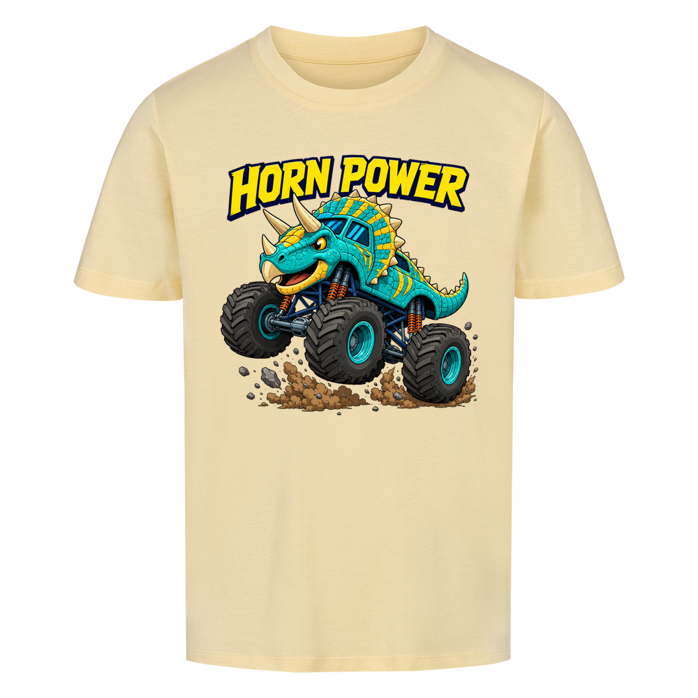 Monstertruck Dino Triceratops – butterfarbenes Kinder T-Shirt aus Bio-Baumwolle