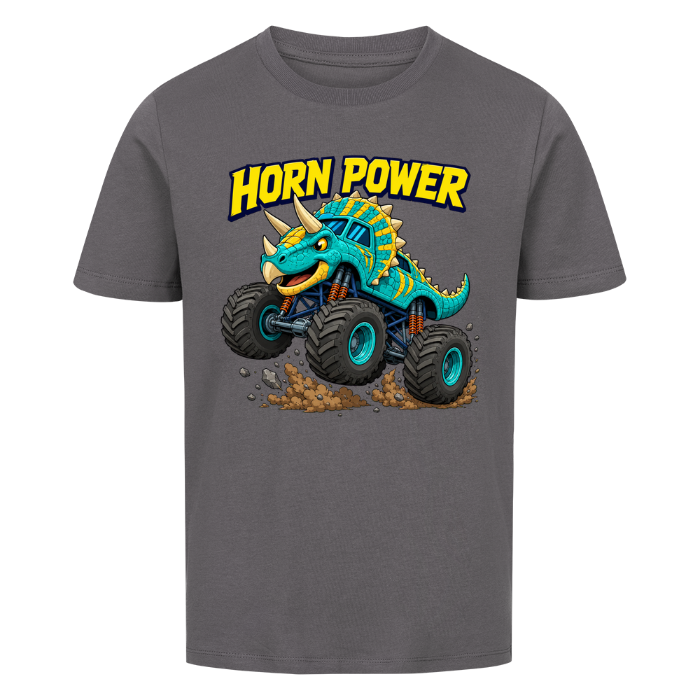 Monstertruck Dino Triceratops – anthrazitfarbenes Kinder T-Shirt aus Bio-Baumwolle