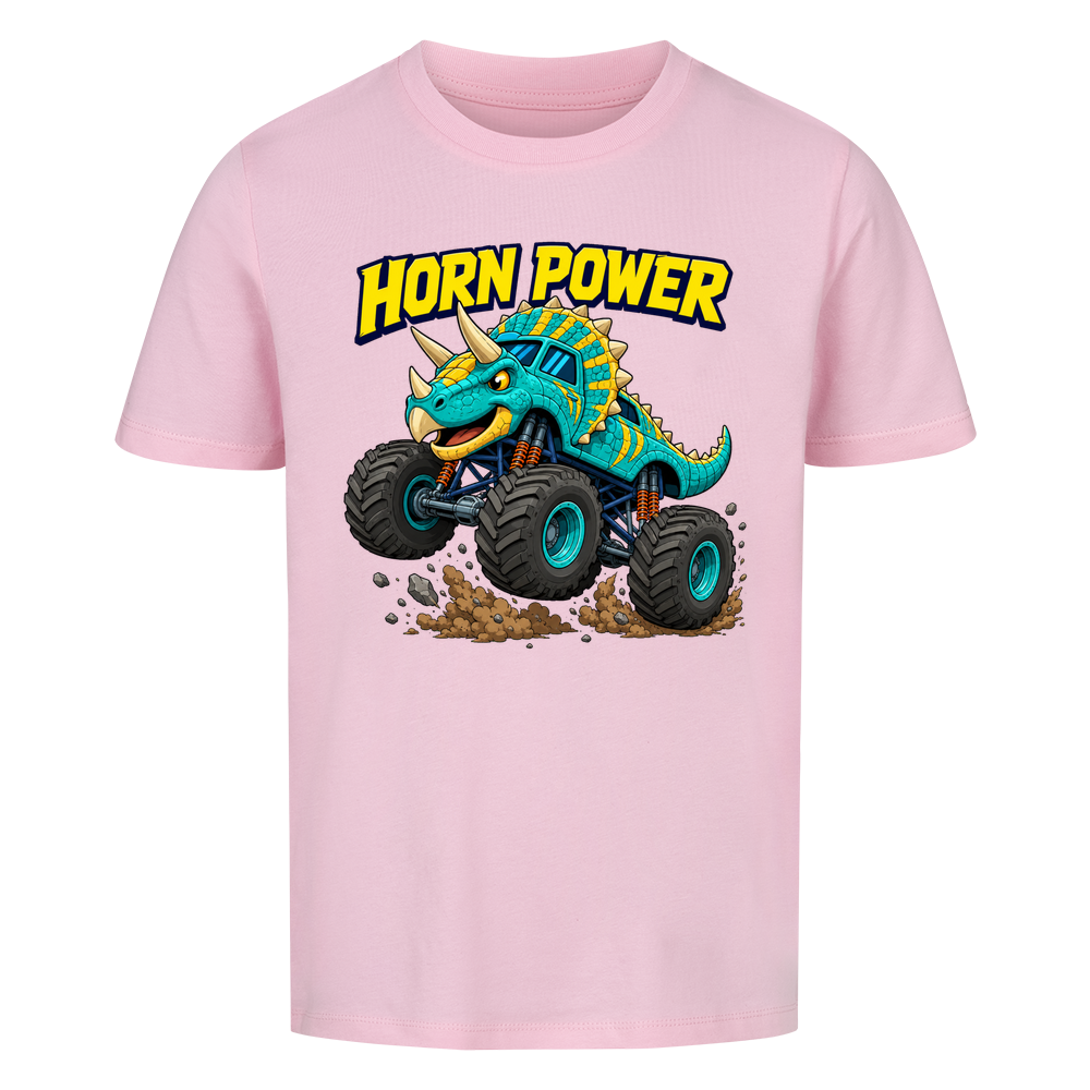Monstertruck Dino Triceratops – pinkenes Kinder T-Shirt aus Bio-Baumwolle