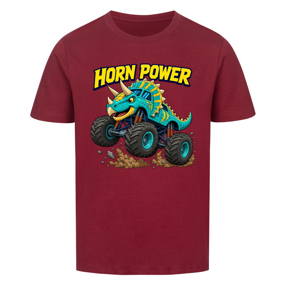 Monstertruck Dino Triceratops – weinrotes Kinder T-Shirt aus Bio-Baumwolle