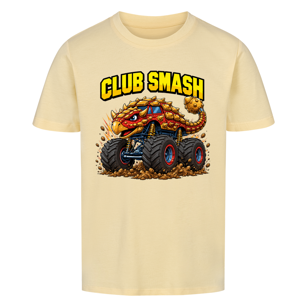 Monstertruck Dino Ankylosaurus Club Smash – butterfarbenes Kinder T-Shirt aus Bio-Baumwolle