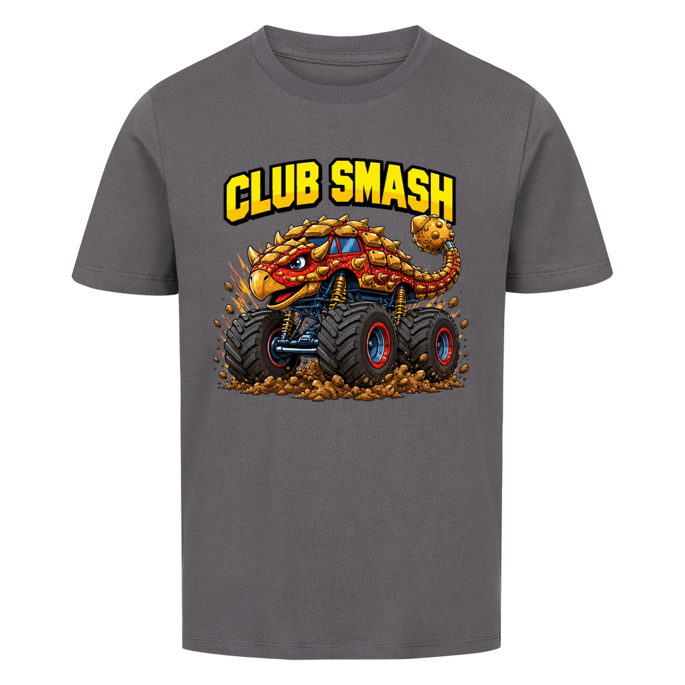 Monstertruck Dino Ankylosaurus Club Smash – anthrazitfarbenes Kinder T-Shirt aus Bio-Baumwolle