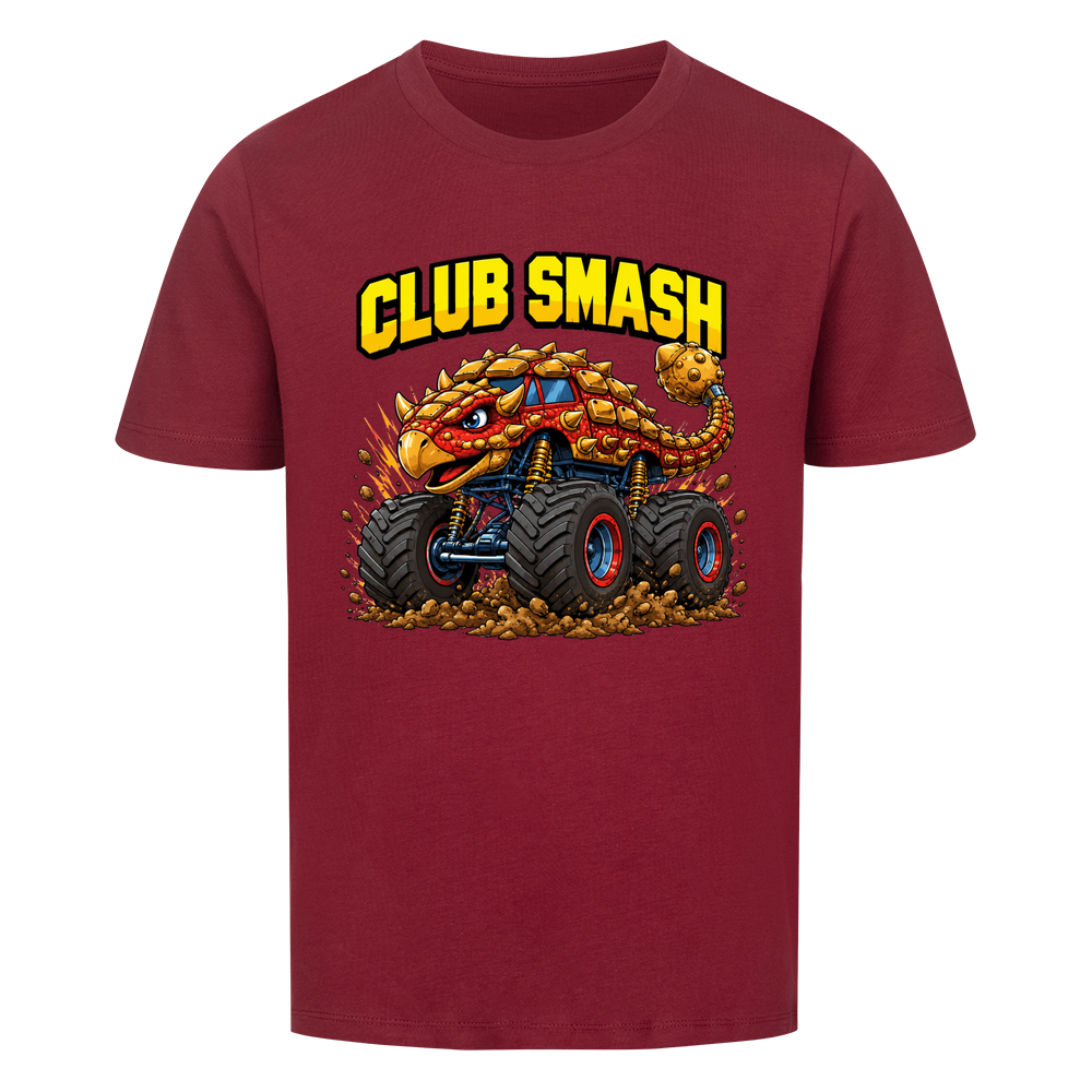 Monstertruck Dino Ankylosaurus Club Smash – weinrotes Kinder T-Shirt aus Bio-Baumwolle