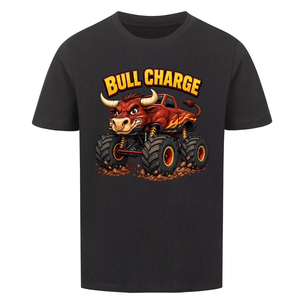 Monstertruck Stier Bull Charge auf schwarzem Kinder T-Shirt aus Bio-Baumwolle