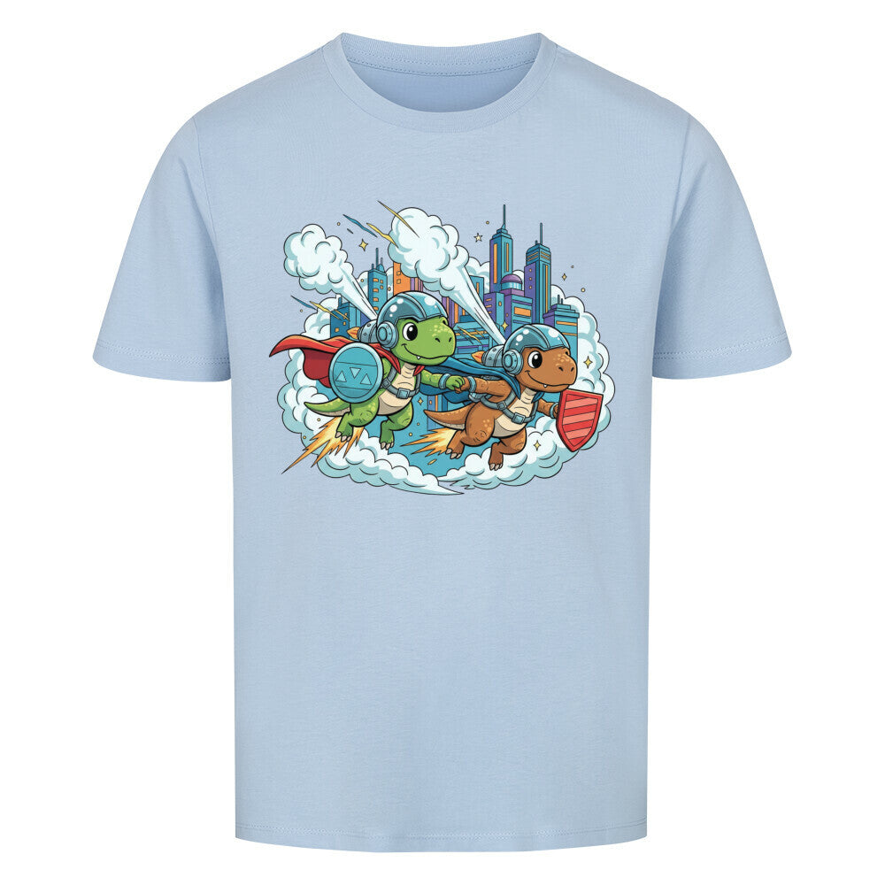 Dino Superhelden als beste Freunde - Bio Kinder T-Shirt mit Dinosaurier Motiv
hell blau