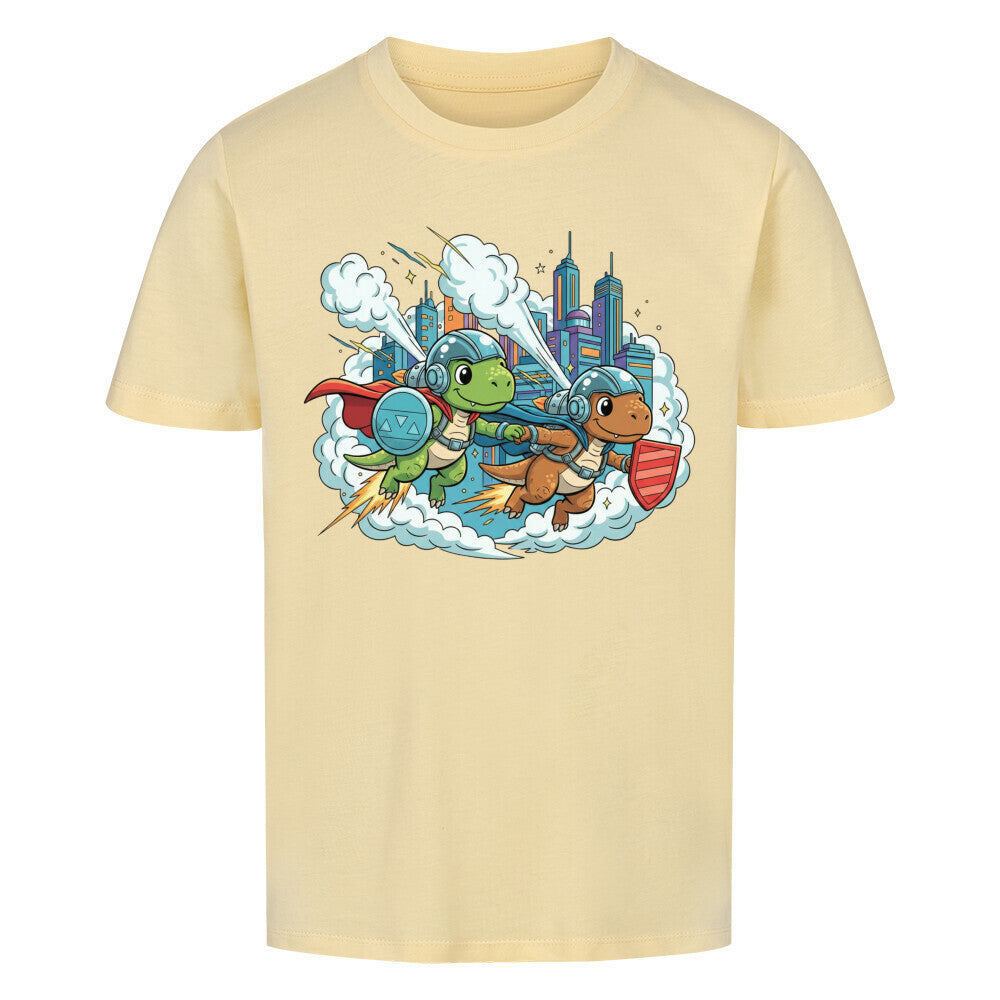 Dino Superhelden als beste Freunde - Bio Kinder T-Shirt mit Dinosaurier Motiv
beige