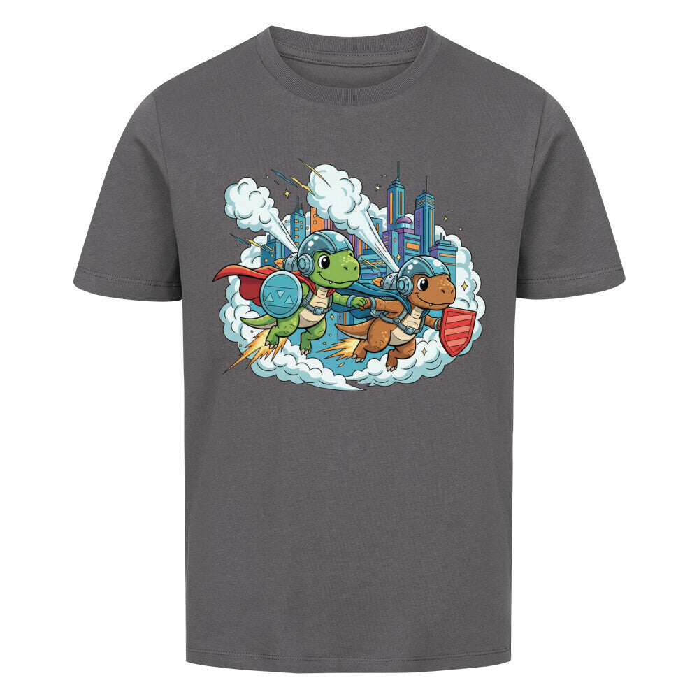 Dino Superhelden als beste Freunde - Bio Kinder T-Shirt mit Dinosaurier Motiv
 grau