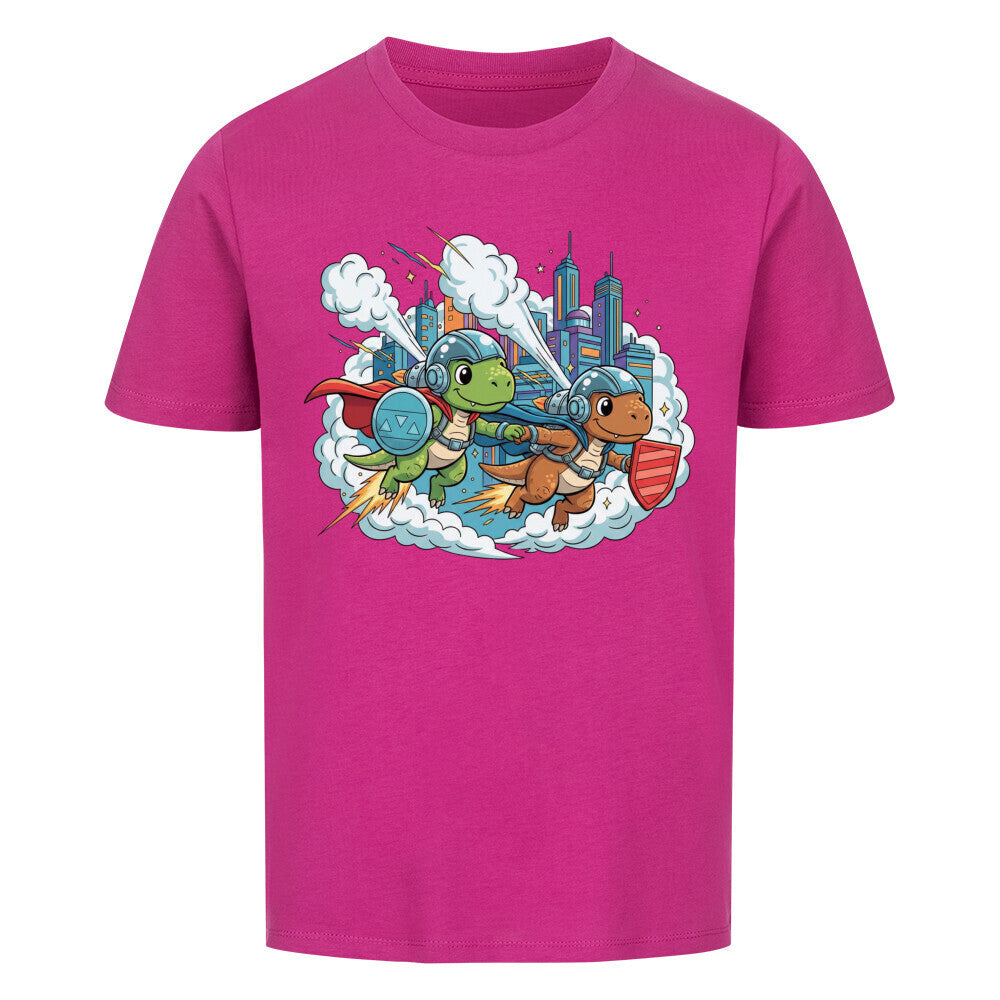 Dino Superhelden als beste Freunde - Bio Kinder T-Shirt mit Dinosaurier Motiv
 lila pink