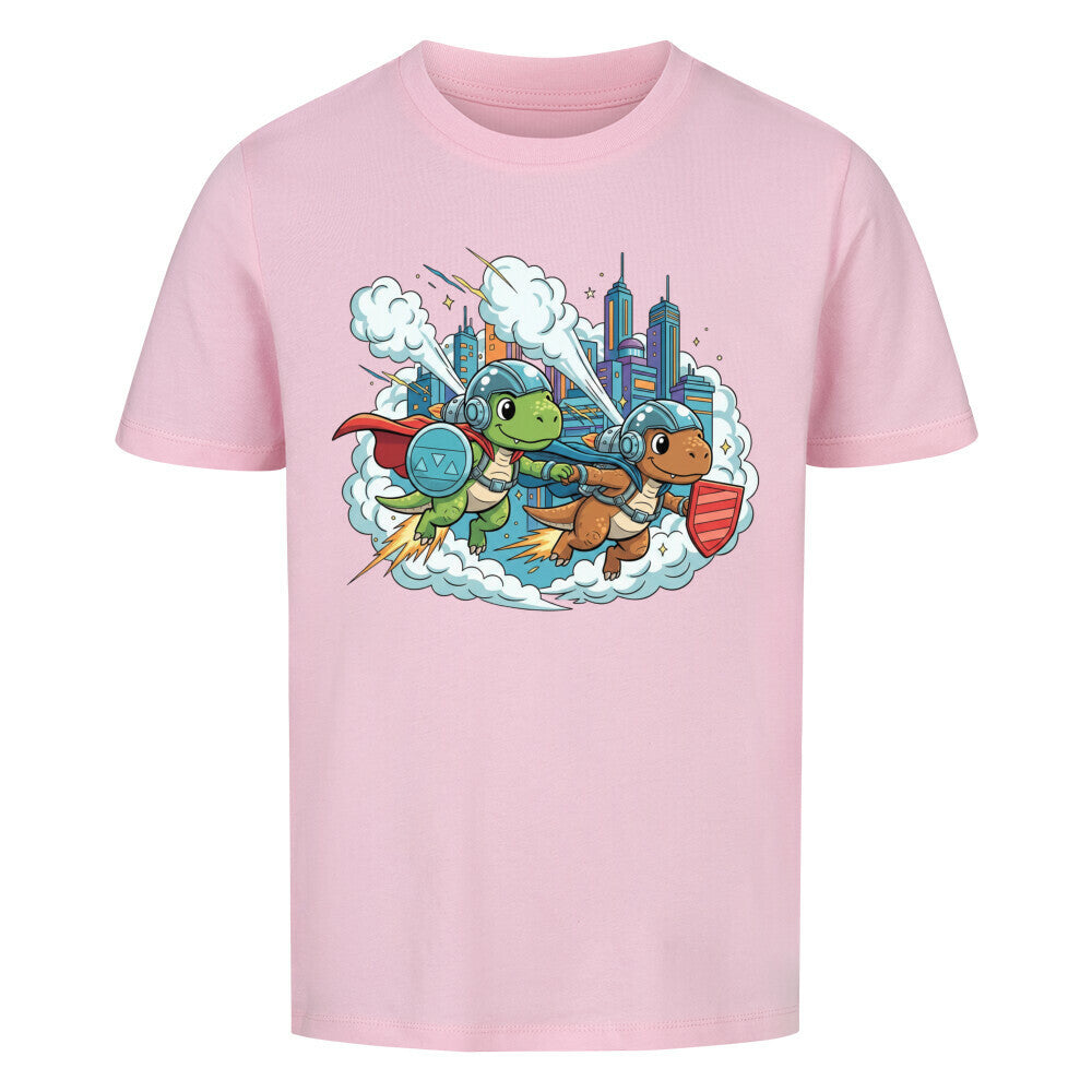 Dino Superhelden als beste Freunde - Bio Kinder T-Shirt mit Dinosaurier Motiv
 Qualität pink rosa