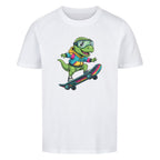 Cooler Dino auf Skateboard - Bio Kinder T-Shirt mit Dinosaurier Motiv
 weiß