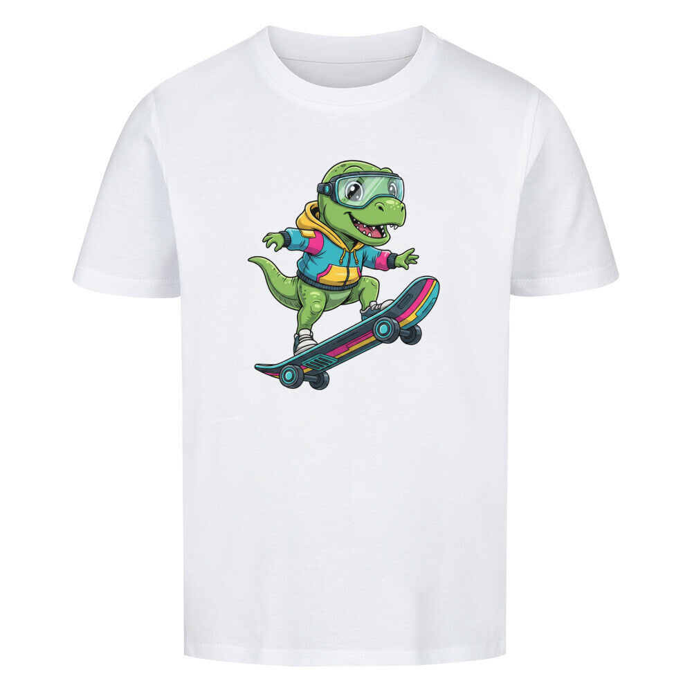 Cooler Dino auf Skateboard - Bio Kinder T-Shirt mit Dinosaurier Motiv
 weiß