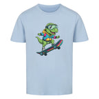 Cooler Dino auf Skateboard - Bio Kinder T-Shirt mit Dinosaurier Motiv
 hell blau