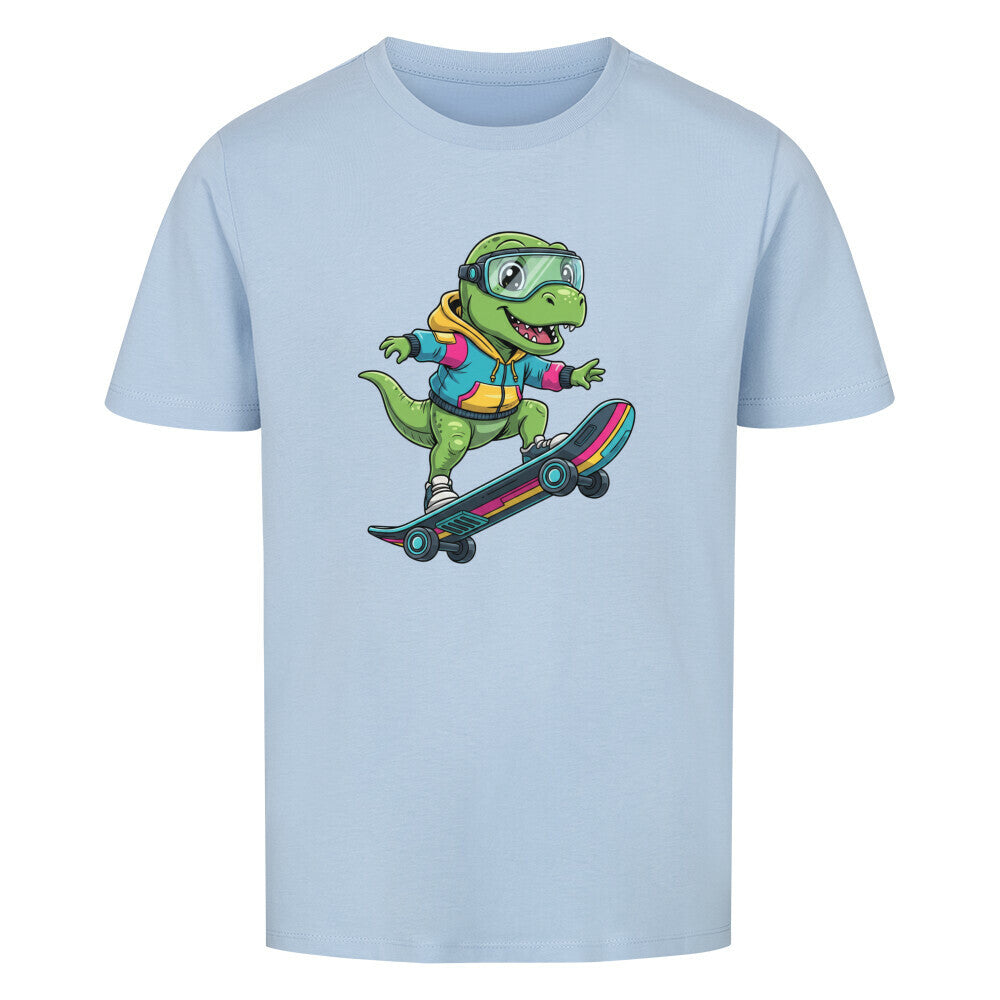 Cooler Dino auf Skateboard - Bio Kinder T-Shirt mit Dinosaurier Motiv
 hell blau