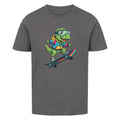 Cooler Dino auf Skateboard - Bio Kinder T-Shirt mit Dinosaurier Motiv
 grau