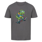 Cooler Dino auf Skateboard - Bio Kinder T-Shirt mit Dinosaurier Motiv
 grau
