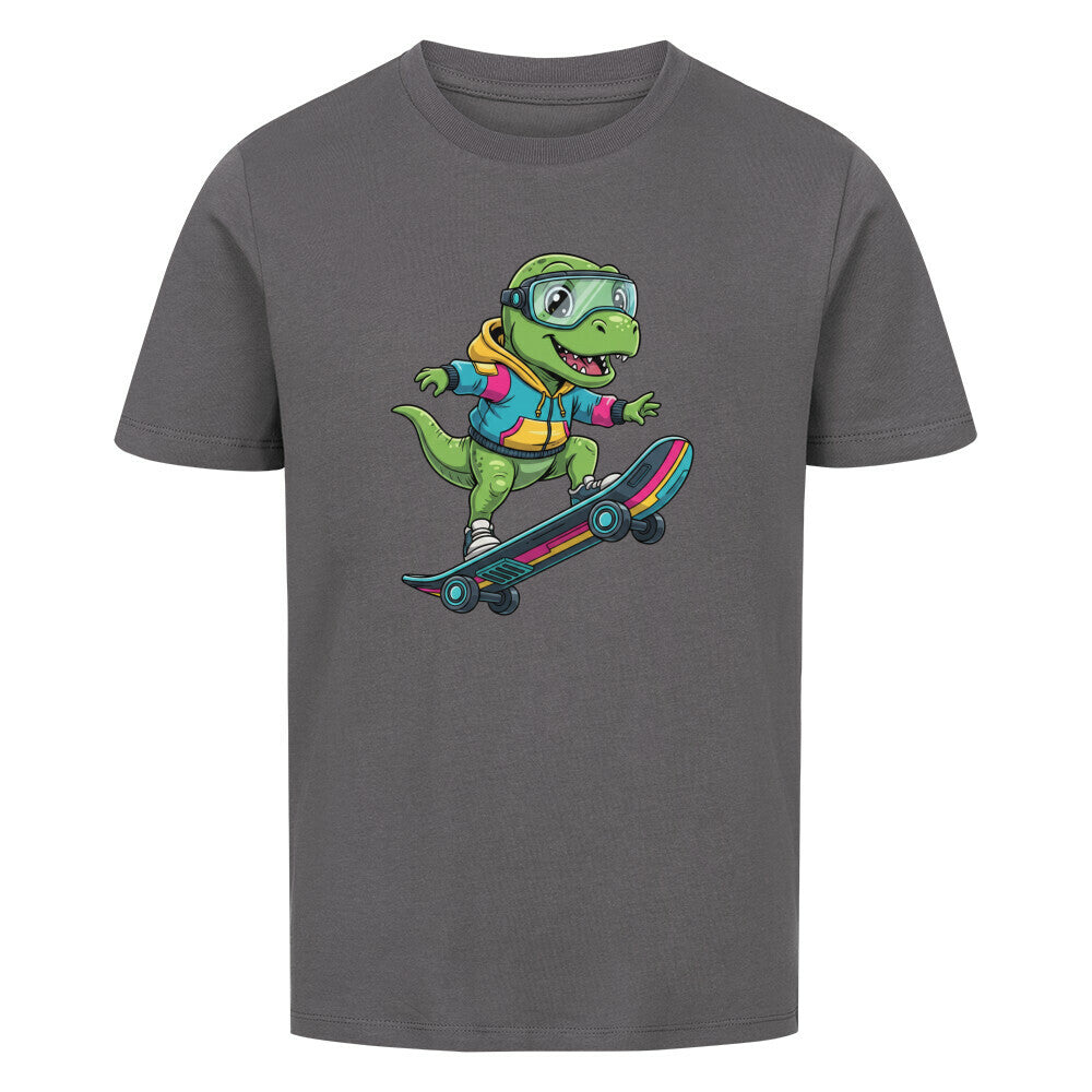 Cooler Dino auf Skateboard - Bio Kinder T-Shirt mit Dinosaurier Motiv
 grau