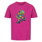 Cooler Dino auf Skateboard - Bio Kinder T-Shirt mit Dinosaurier Motiv
 lila pink