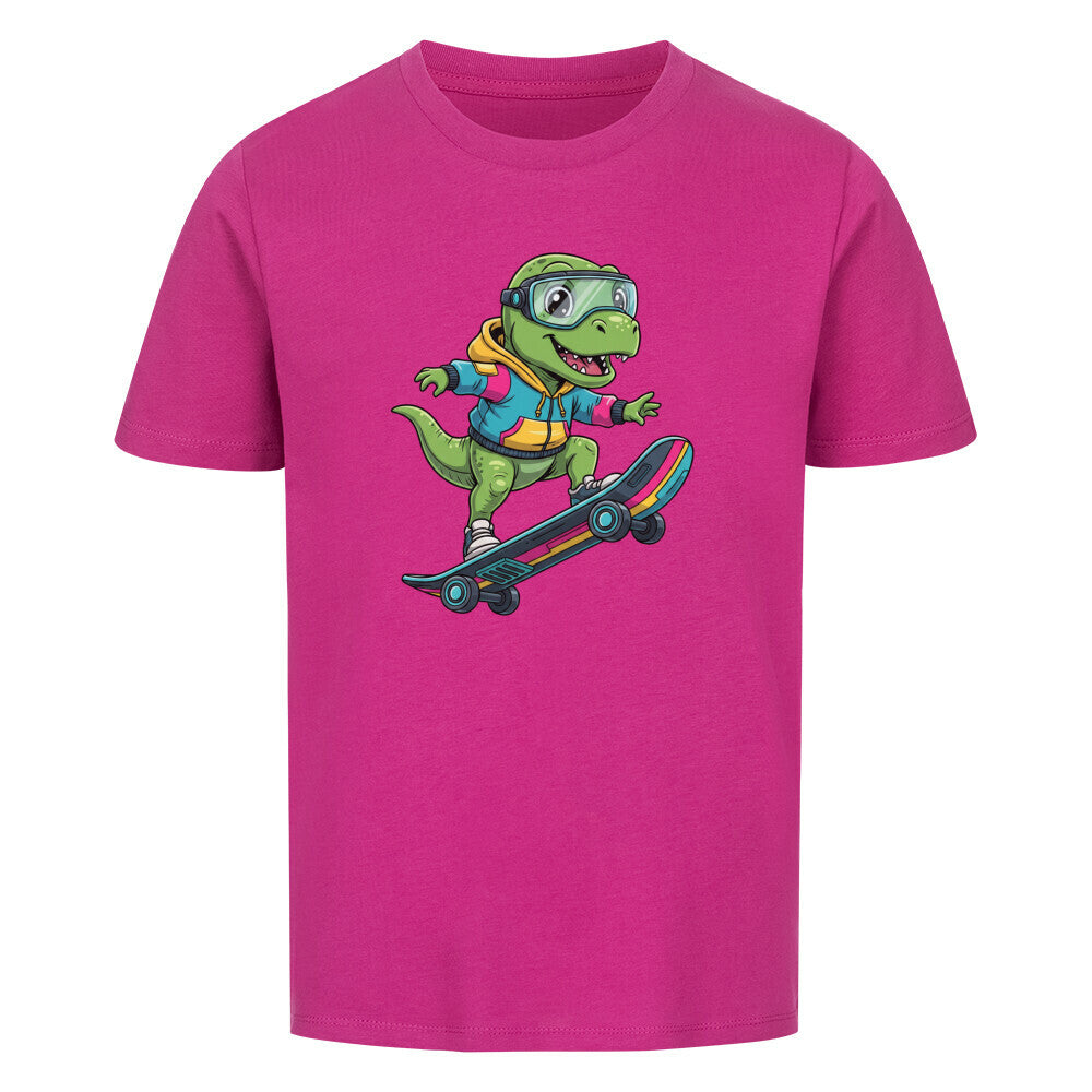 Cooler Dino auf Skateboard - Bio Kinder T-Shirt mit Dinosaurier Motiv
 lila pink