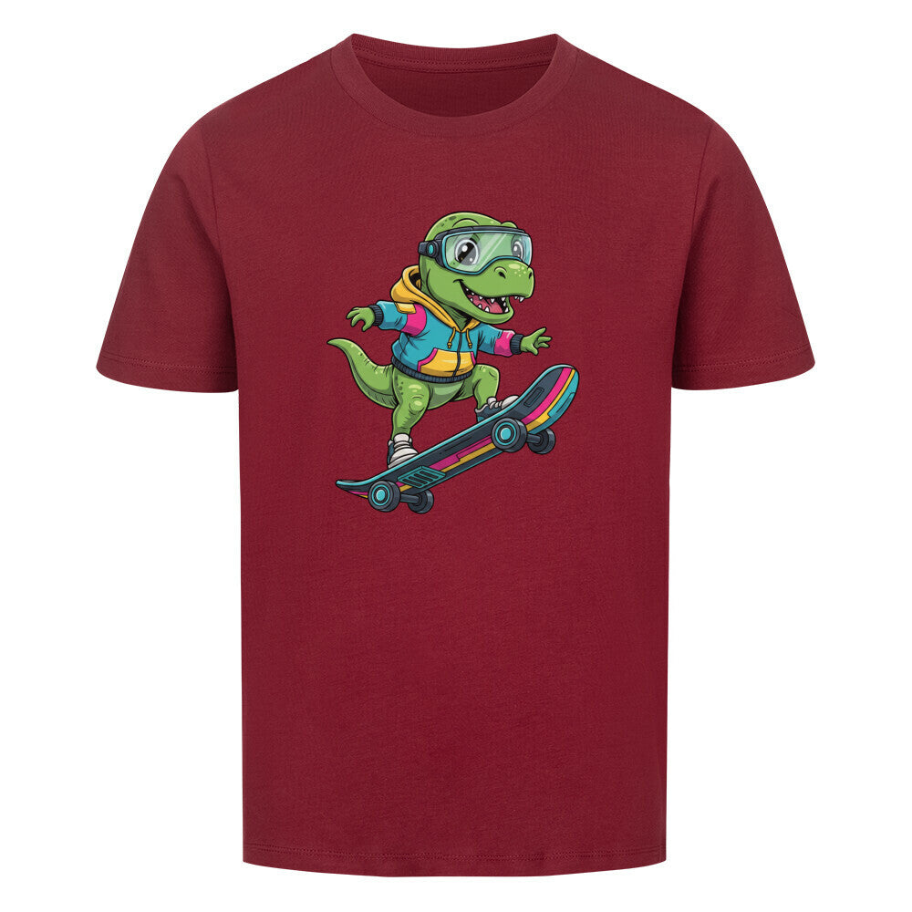 Cooler Dino auf Skateboard - Bio Kinder T-Shirt mit Dinosaurier Motiv rot