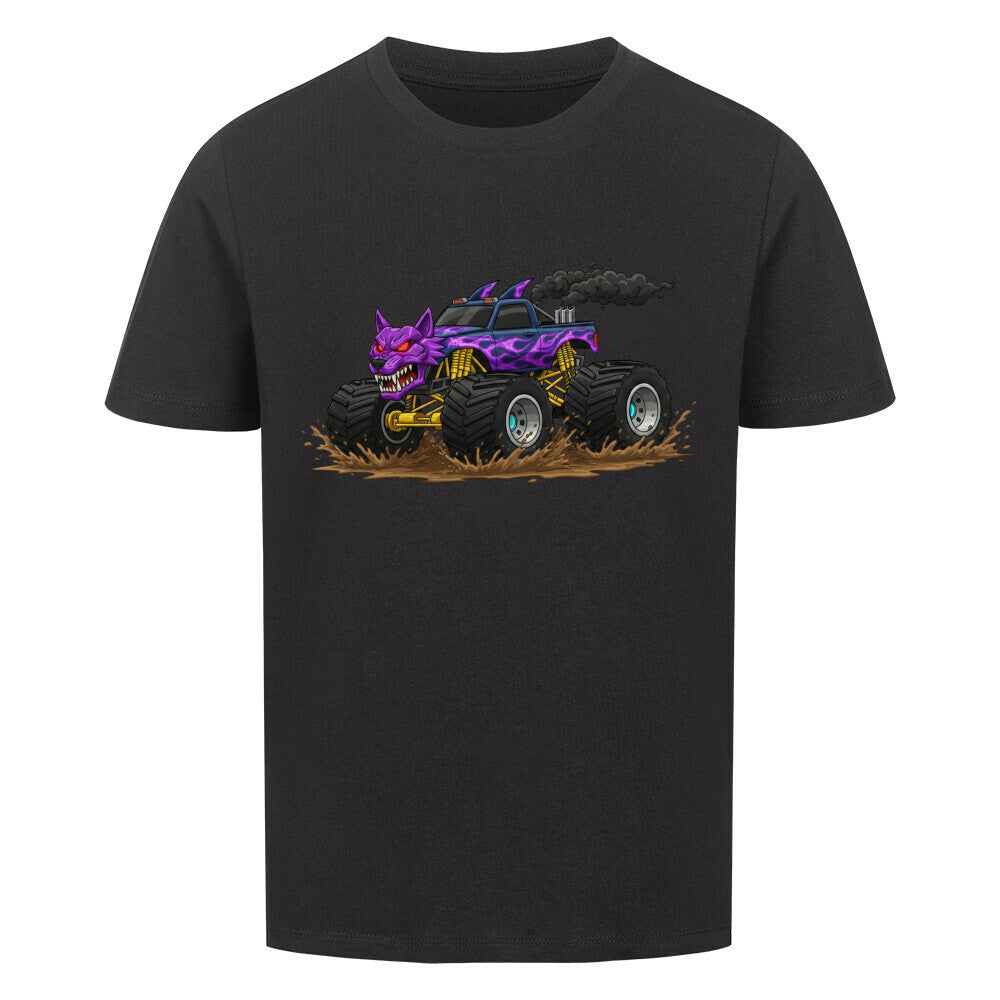 Wolf Monstertruck Bio Kinder T-Shirt mit goldenem Fahrwerk - Premium Baumwolle schwarz