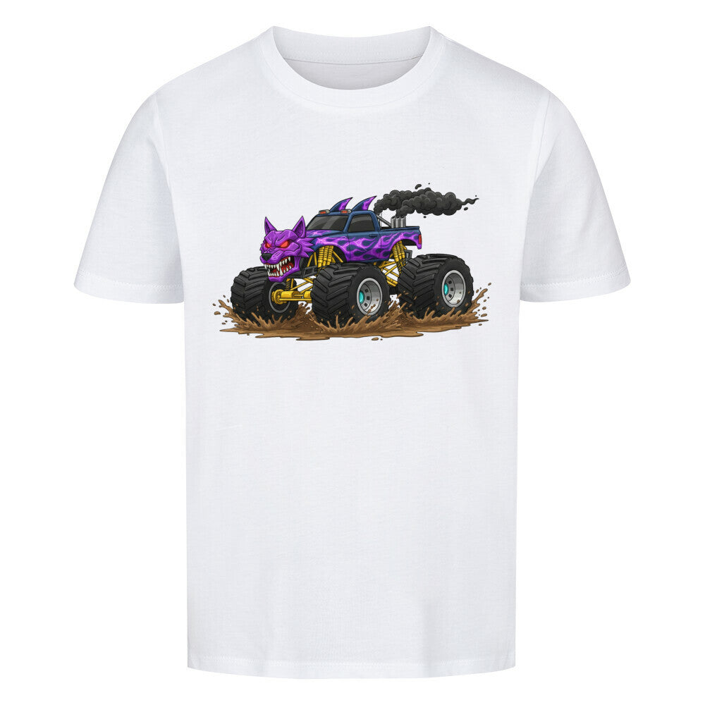 Wolf Monstertruck Bio Kinder T-Shirt mit goldenem Fahrwerk - Premium Baumwolle weiß